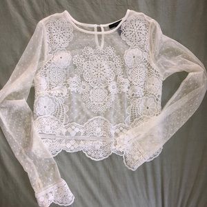 White lace mid crop blouse